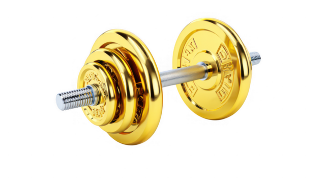 Gold dumbbell weights isolated on transparent background