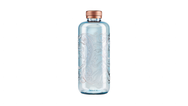 Elegant blue glass water bottle with ornate design isolated on transparent background