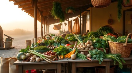 Fresh organic vegetables arranged on wooden tables at outdoor farmers market during golden morning light. Agriculture and sustainability concept