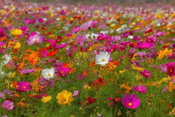 Vibrant Cosmos Flowers Bloom in a Colorful Meadow Eye-Level View Capturing Summer Beauty and Floral Abundance