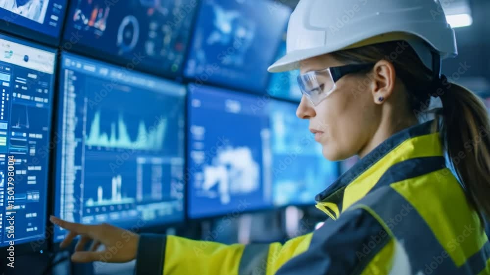 Poster female engineer working in control room analyzing data on multiple computer screens