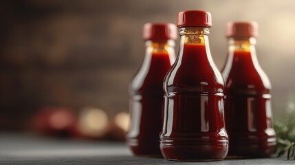 Three Bottles of Red Sauce with Red Caps in a Softly Lit and Focused Composition