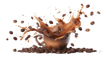 coffee splash with beans and cup isolated on a white background, png, transparent