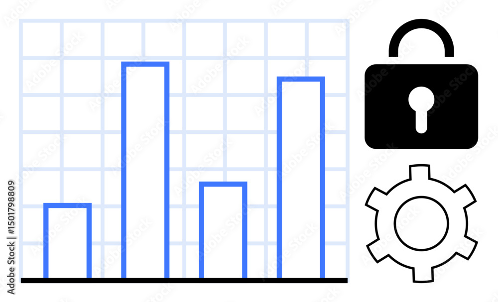 Poster bar graph showing data trends alongside a lock and gear icon. ideal for analytics, security, technol