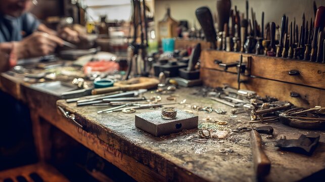 A goldsmith's workbench filled with tools and materials used for jewelry creation.