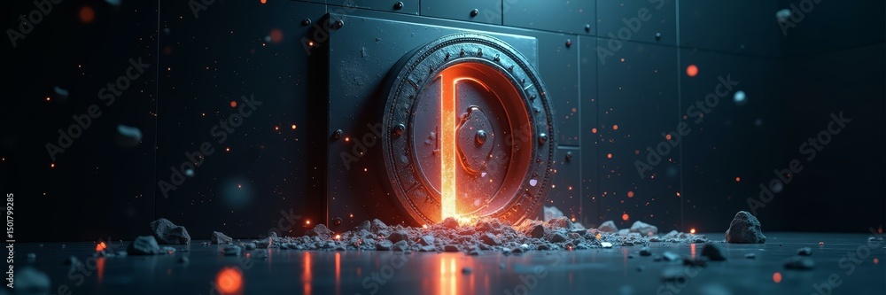 Poster homepage template image for data protection software – glowing security vault breach visualization i