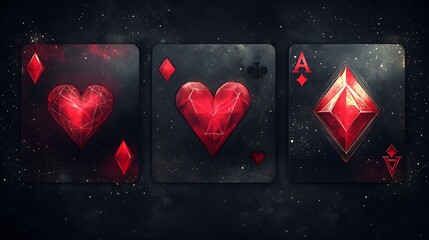 Three playing cards with red, face-up symbols against a dark background.