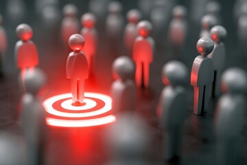 Individual stands in red glowing spotlight among gray figures.