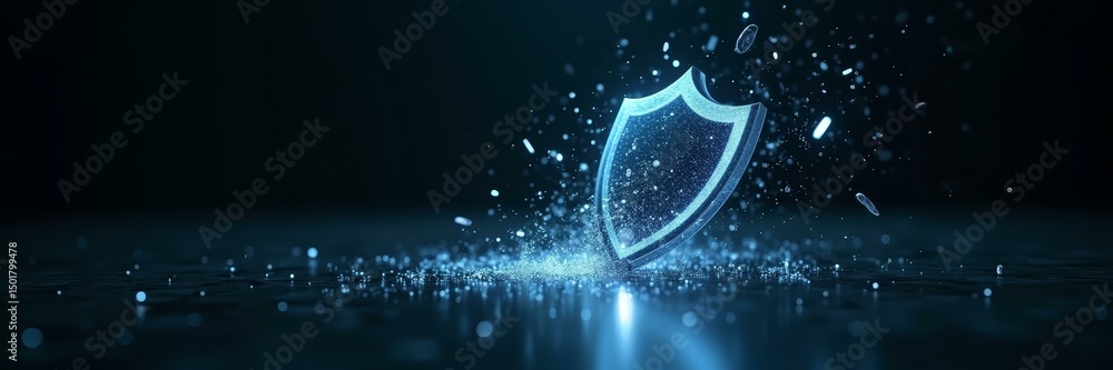 Poster digital product banner design – hyperrealistic broken defense shield leaking protected information i