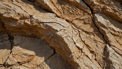 Fototapeta premium Light brown rock texture. Rough mountain surface with cracks. Close-up. Sand color