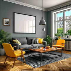 Blank landscape poster frame old living room side view