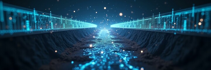 Hero Background For Tech Website – Collapsed Digital Bridge With Disrupted Glowing Data Stream, Ideal For Breach Alert Visuals And Infrastructure Failure Topics