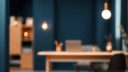 A blurred office interior background with navy blue wall wooden details soft lighting a desk with a laptop a blue color theme depth of field a wide shot in t