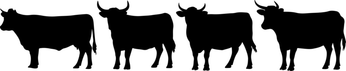 Cow silhouette and line art vector set, black cow icon vector bundle