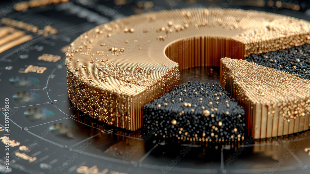 Poster 3d-rendered pie chart made of golden spikes and black blocks on a futuristic interface, symbolizing 