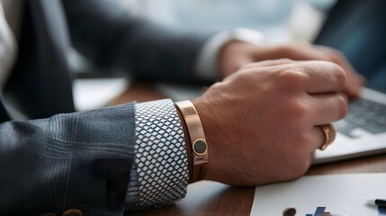 Naklejka premium A businessman's hand with a gold bracelet and a ring, working on a laptop in the office.