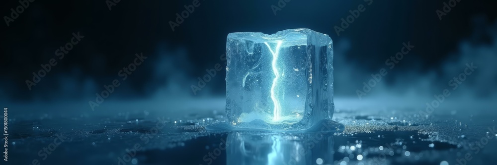 Poster homepage header background for data protection platforms – cinematic frozen digital cube leaking lig