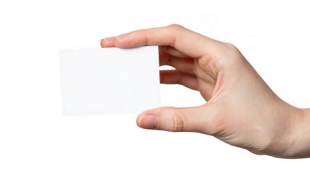 Hand holding blank white business card isolated on transparent background