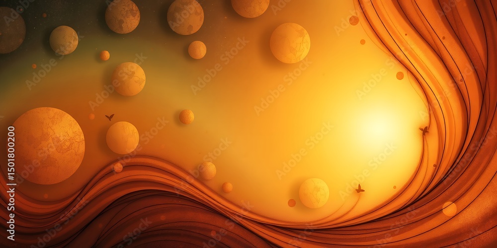 Poster a vibrant abstract background featuring floating spheres and flowing wave like structures in warm to