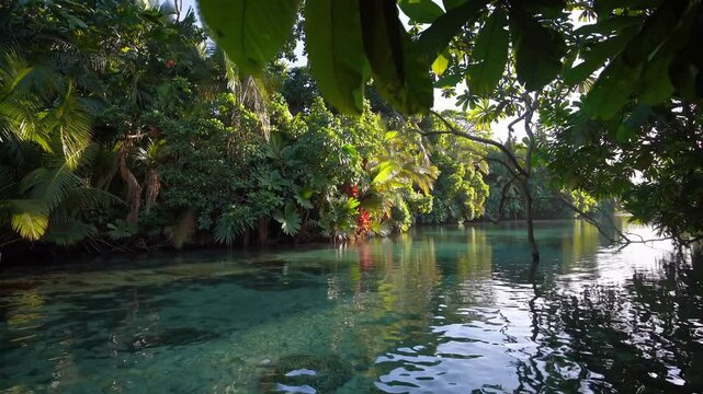 Crystal clear waters surrounded by lush green foliage in a tropical environment on a sunny afternoon 