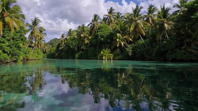 Turquoise river surrounded by lush palm trees in beautiful Pohnpei, Federated States of Micronesia, during the daytime