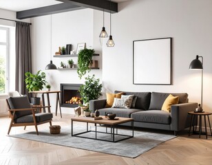 Cozy living room with herringbone floor fireplace gray sofa and geometric pendant lights