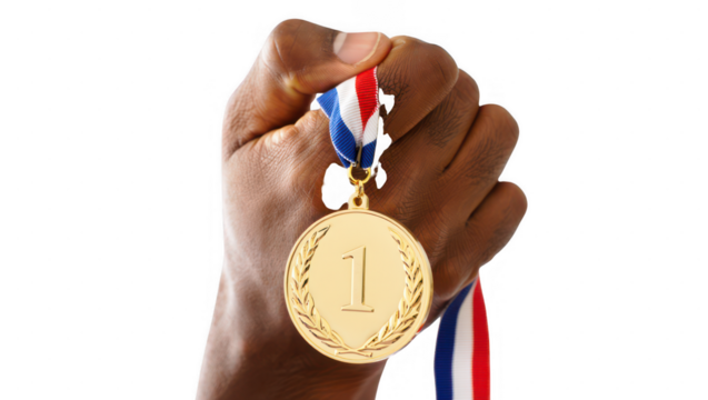Hand holding gold medal number one first place winner isolated on transparent background