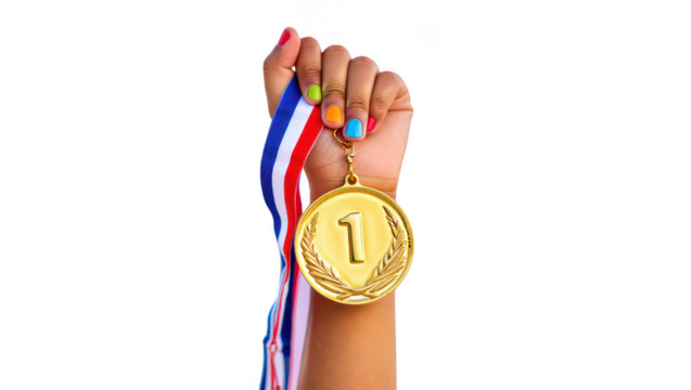 Hand holding gold medal with number one first place winner isolated on transparent background
