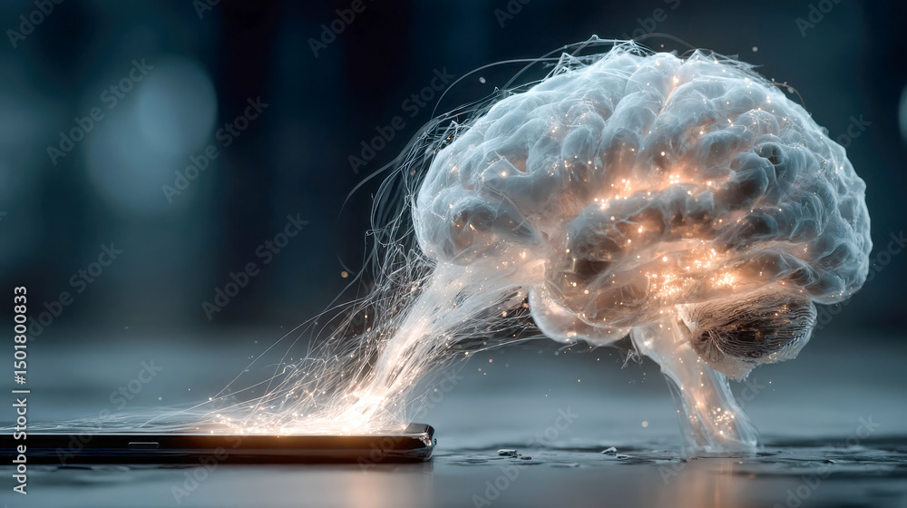 Poster futuristic concept of a glowing brain fused with microchips and neural circuits, symbolizing artific