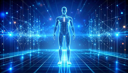 Futuristic Human Figure Neon Wireframe and Glowing Particles