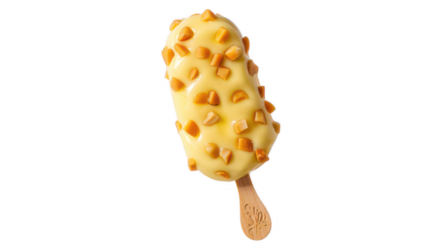 Delicious creamy ice cream bar with caramel pieces isolated on transparent background