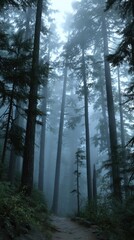 Fototapeta premium Misty Forest Path View from Low Angle on Foggy Day in Pacific Northwest USA Wilderness