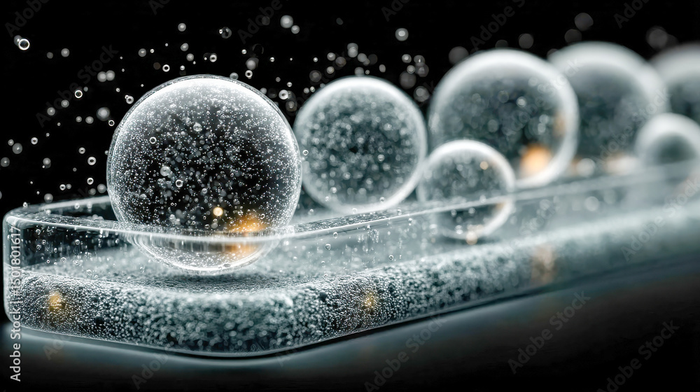 Poster abstract composition of glass spheres suspended over a surface, sparkling with effervescent bubbles 