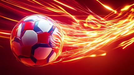 Soccer ball in motion with fiery streaks.