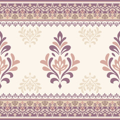 Elegant seamless damask floral pattern in cream, mauve, and soft purple tones. Classic vintage style perfect for wallpaper, fabric, and luxury design elements.