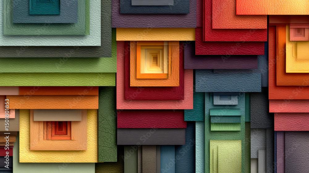 Poster abstract layered paper composition with colorful textured rectangles creating visual depth