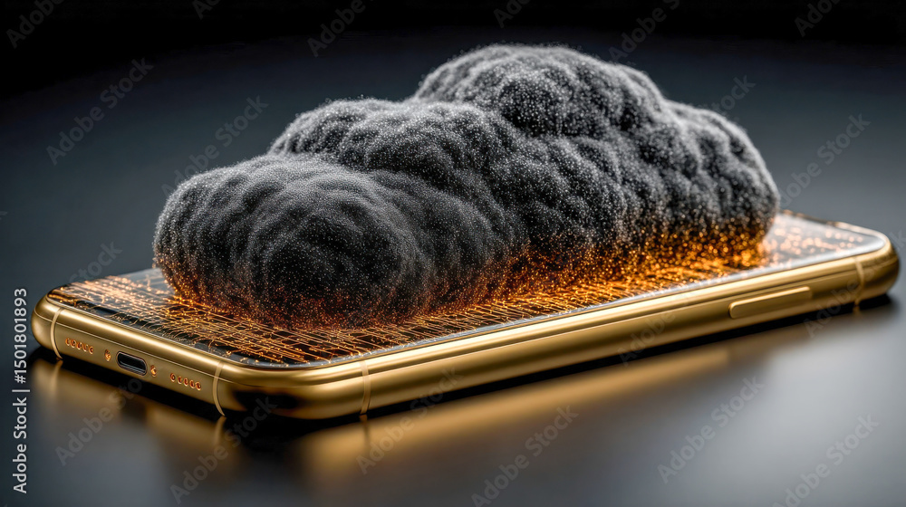 Poster dense cloud mass emerging from a smartphone, symbolizing cloud computing and digital storage