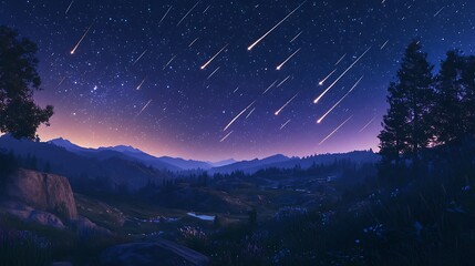A stunning night scene of a meteor shower over a tranquil mountain valley.