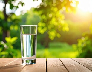 Refreshing glass of water on wooden table tranquil nature setting bright sunlight outdoor serenity