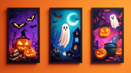 Halloween themed artwork featuring jack-o'-lanterns, ghosts, and spooky scenes.