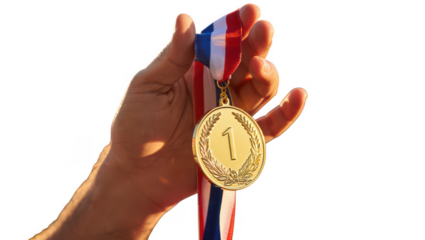 Hand holding gold medal number one first place winner isolated on transparent background
