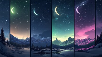 Four scenes of a wintry landscape under various night skies.