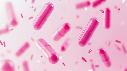 Floating pink capsules and particles on soft background. Abstract medical or supplement concept with vibrant color and clean 3D composition for health, pharmacy, or cosmetic themes.