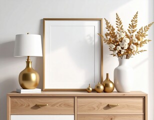 Elegant gold framed blank canvas on wooden dresser with lamp and floral arrangement