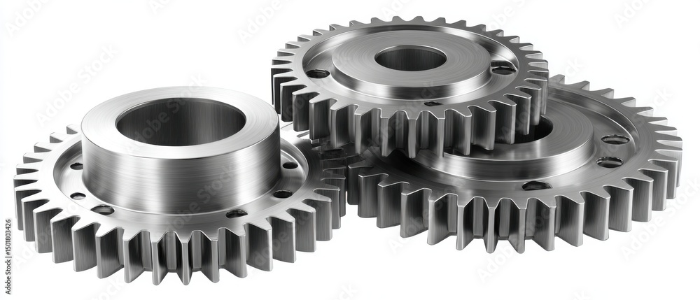 Poster three metal gears interlocking in a close up studio shot on a white background for engineering and i