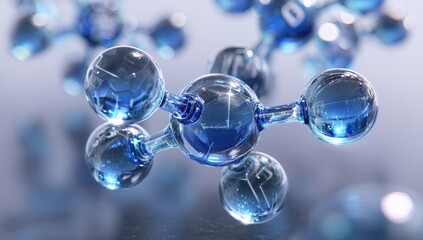 Close-up of a 3D molecular structure in blue.
