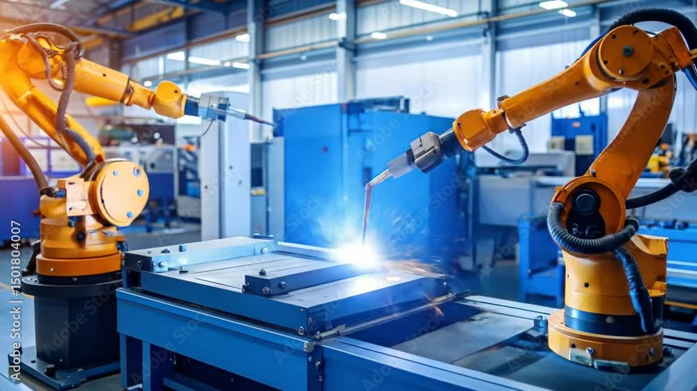 Poster robotic arms welding metal in a factory setting showcasing advanced automation technology