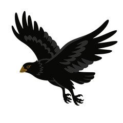 A black crow in flight, illustrated in a stylized manner.