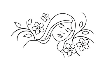 Elegant line art illustration of a woman with closed eyes and floral elements on white background