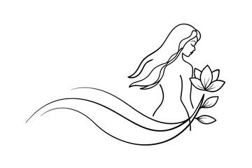 Elegant minimalist line art illustration of a woman with flowing hair and lotus flower